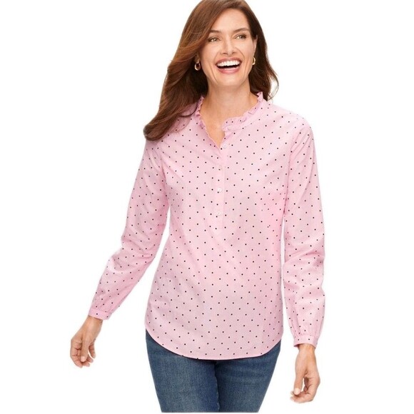 TALBOTS Pink Black Polka Dot 100% Cotton Ruffle Neck 1/2 Button Blouse Medium - Picture 2 of 9